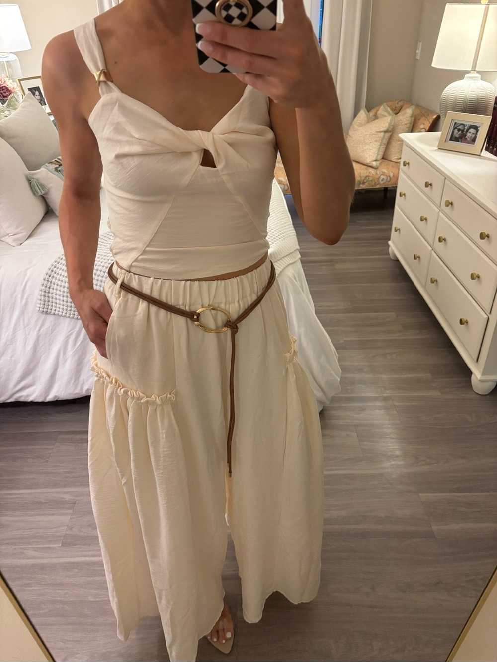 🍑 A.PEACH Ivory Twist-Front Top & Wide Leg Pants Set — Size S 🍑